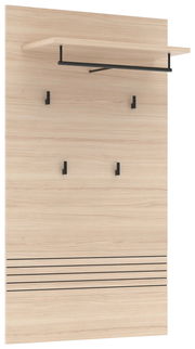 Frontale Ansicht eines XL-Garderobenpaneels aus hellem Holz mit schwarzer Kleiderstange und mehreren Haken.