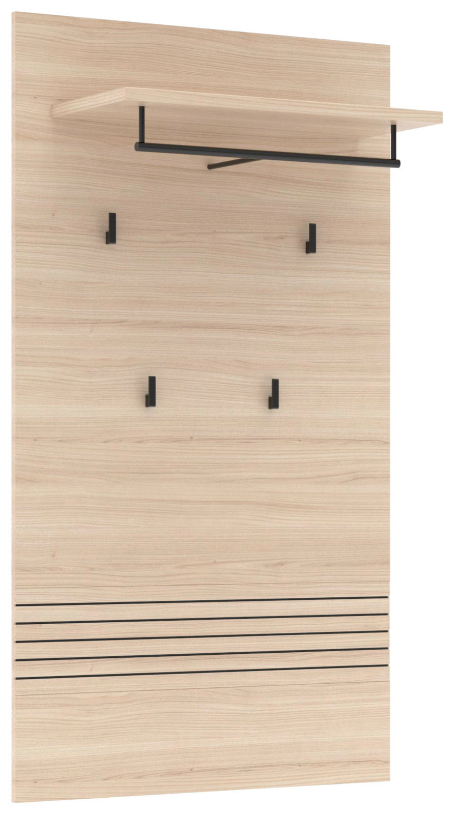 Frontale Ansicht eines XL-Garderobenpaneels aus hellem Holz mit schwarzer Kleiderstange und mehreren Haken.