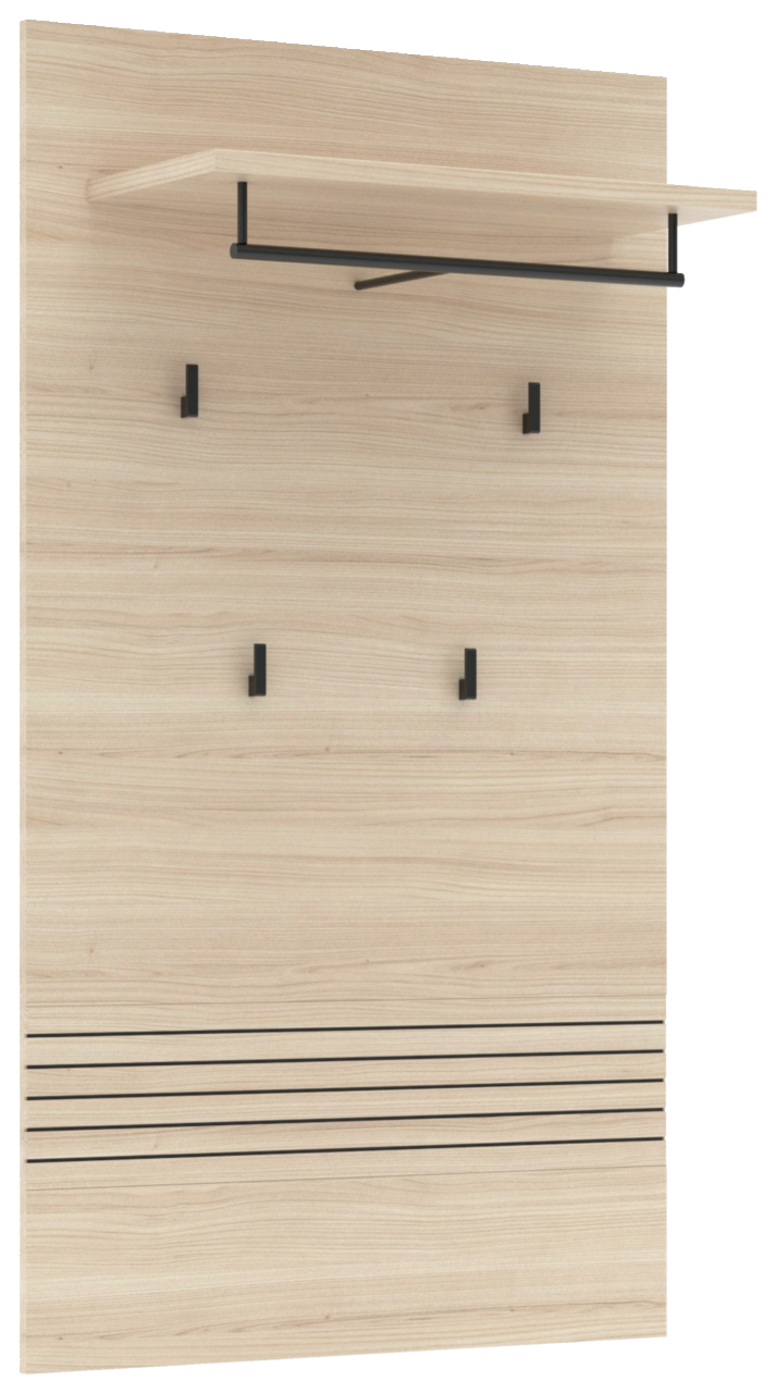 Voleo XL-Garderobenpaneel INA Frontale Ansicht eines XL-Garderobenpaneels aus hellem Holz mit schwarzer Kleiderstange und mehreren Haken.