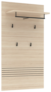 Frontale Ansicht eines XL-Garderobenpaneels aus hellem Holz mit schwarzer Kleiderstange und mehreren Haken.