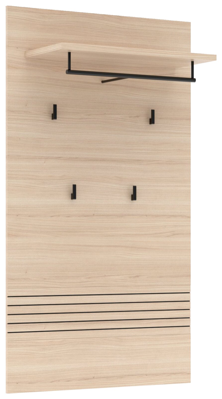 Voleo XL-garderobepaneel INA Frontale Ansicht eines XL-Garderobenpaneels aus hellem Holz mit schwarzer Kleiderstange und mehreren Haken.