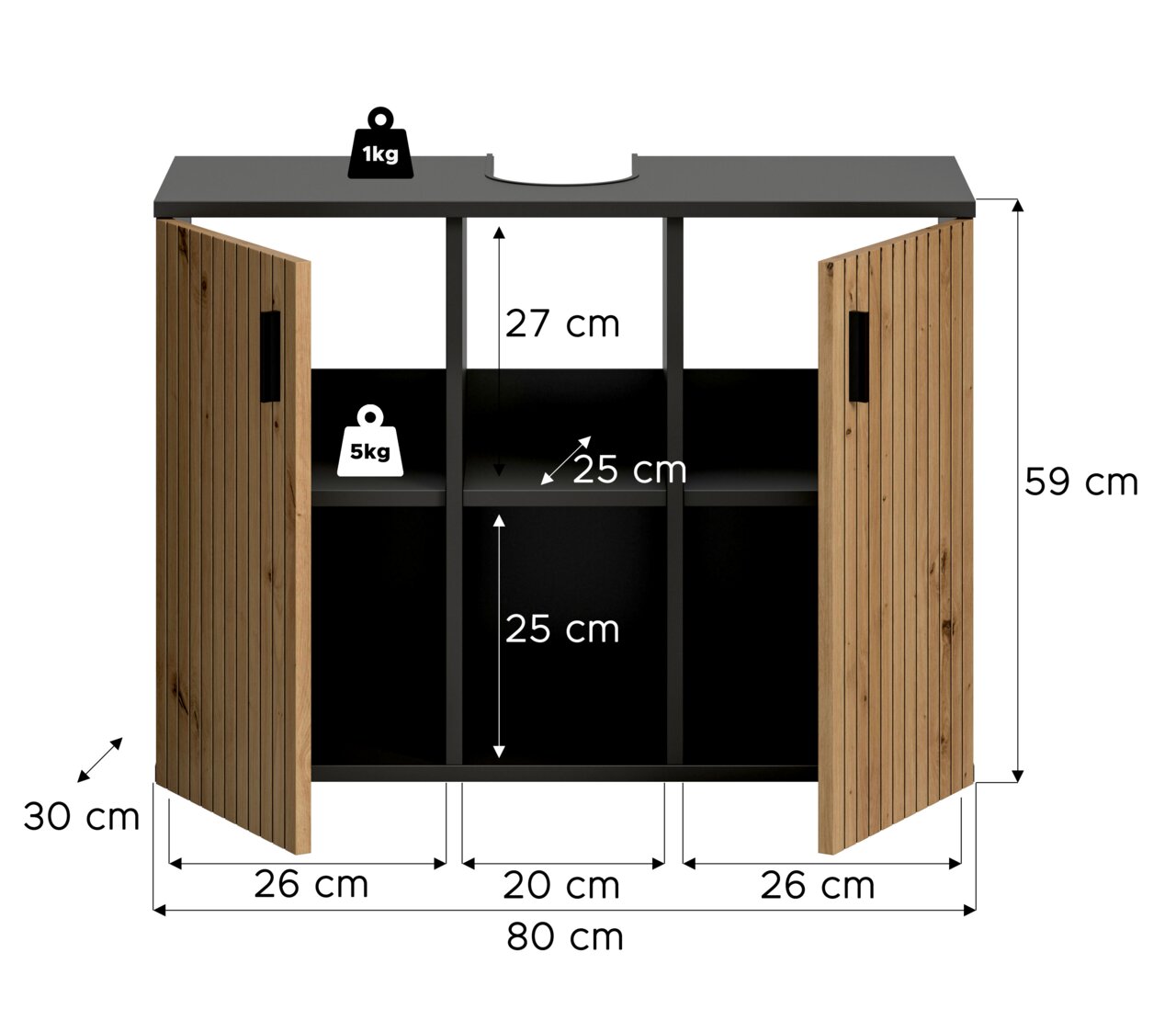 Frontansicht eines 80 x 59 x 30 cm großen Badunterschranks in Schwarz mit zwei geöffneten, geriffelten Holztüren und offenen Fächern, inkl. Maßangaben und Belastungssymbolen