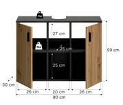 Frontansicht eines 80 x 59 x 30 cm großen Badunterschranks in Schwarz mit zwei geöffneten, geriffelten Holztüren und offenen Fächern, inkl. Maßangaben und Belastungssymbolen