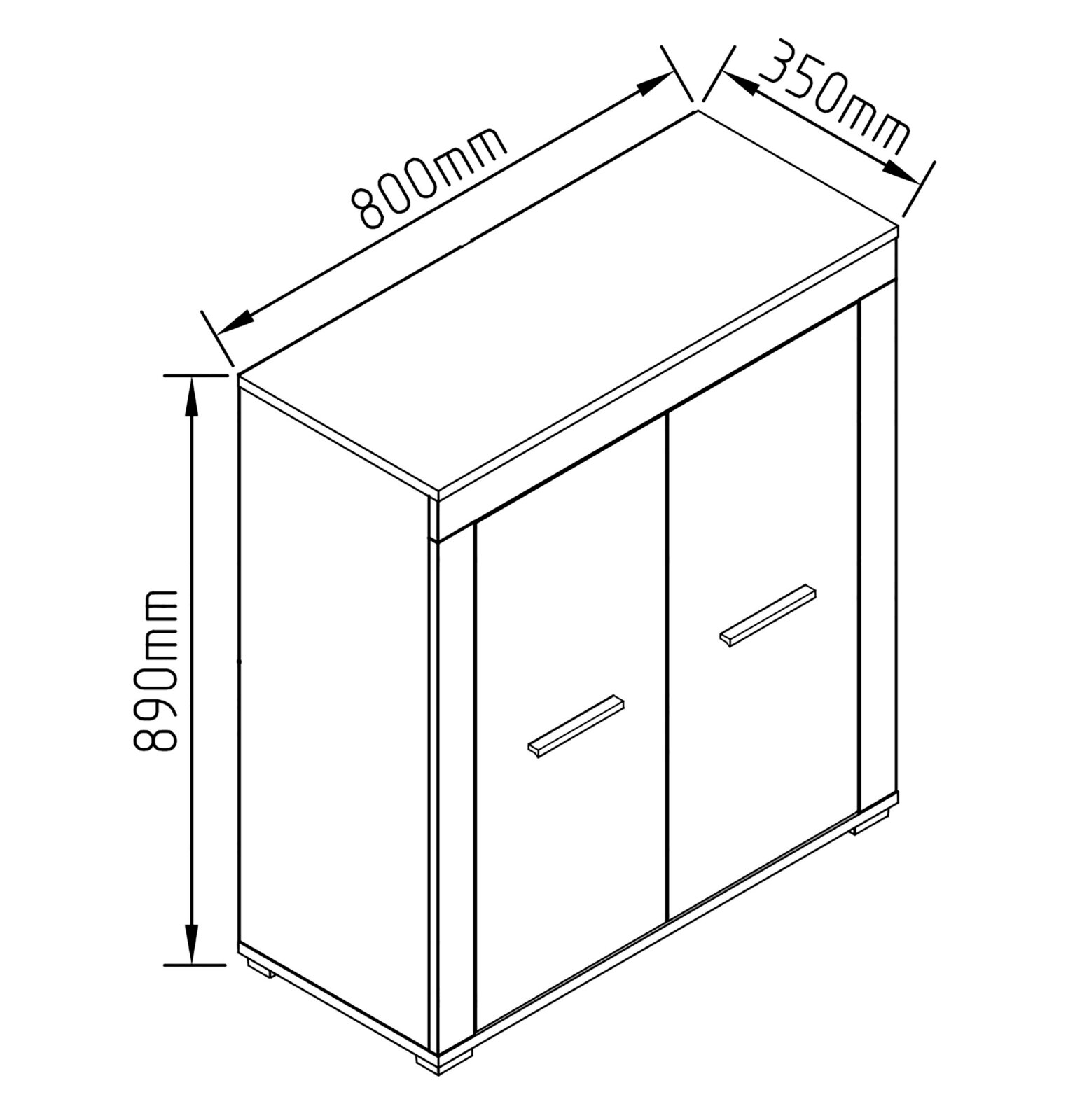 Technische Strichzeichnung eines zweitürigen Schranks/Sideboards mit Griffen, Maße ca. 800 mm Breite, 350 mm Tiefe und 890 mm Höhe, dargestellt in schräger Vorderansicht von oben.