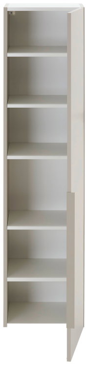 Hochformatiges Bild eines weißen, modernen Garderobenschranks mit fünf offenen Regalböden, seitliche Perspektive.