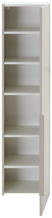 Afbeelding in staand formaat van een witte, moderne garderobekast met vijf open planken, gezien vanuit een zijdelingse hoek.