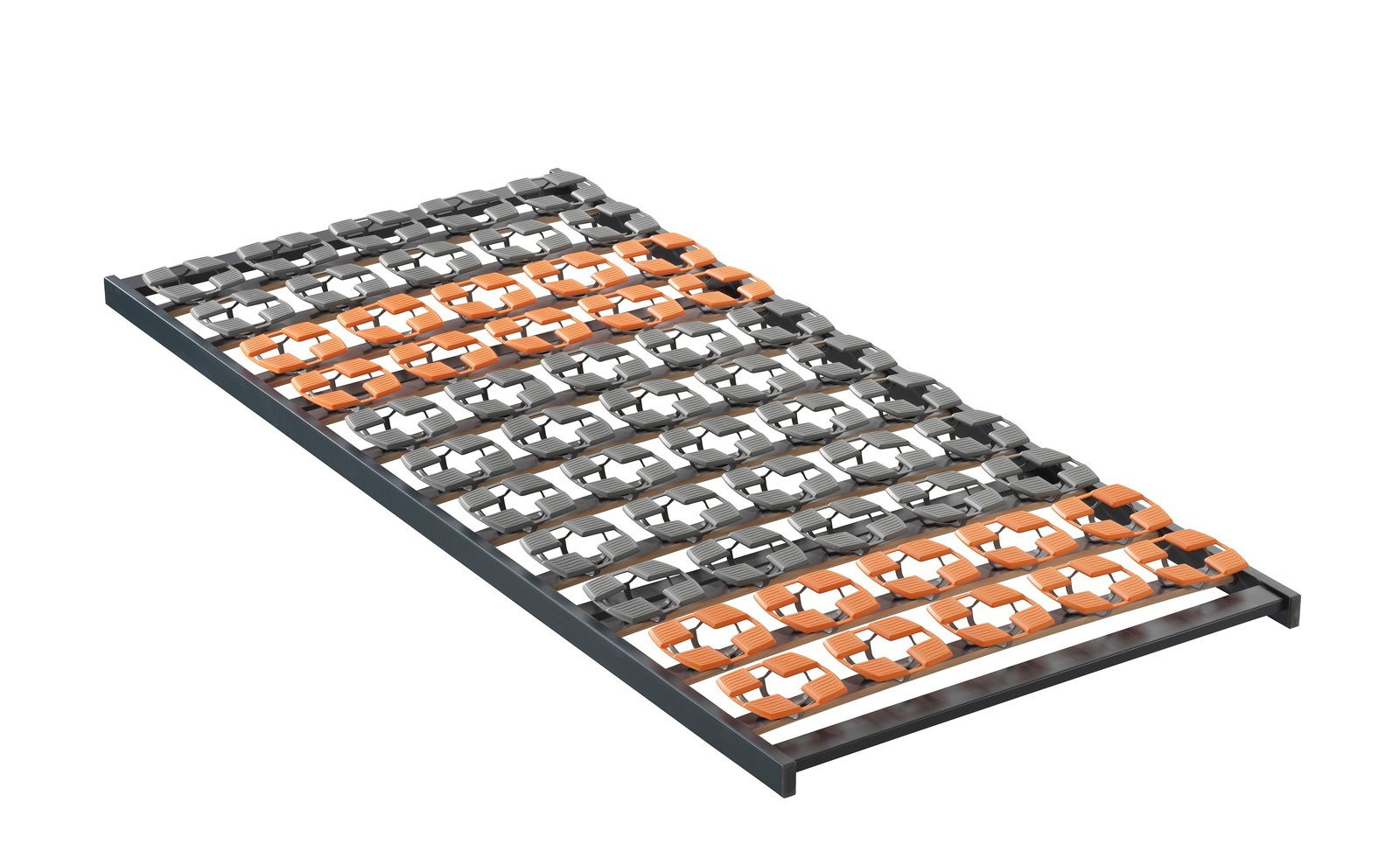 Federholzrahmen Flex S in schräger Perspektive mit grauen und orangefarbenen Elementen.