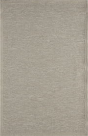 Rechteckiger, hellgrauer gewebter Teppich mit feiner Struktur und umlaufender Bordüre, Draufsicht von oben