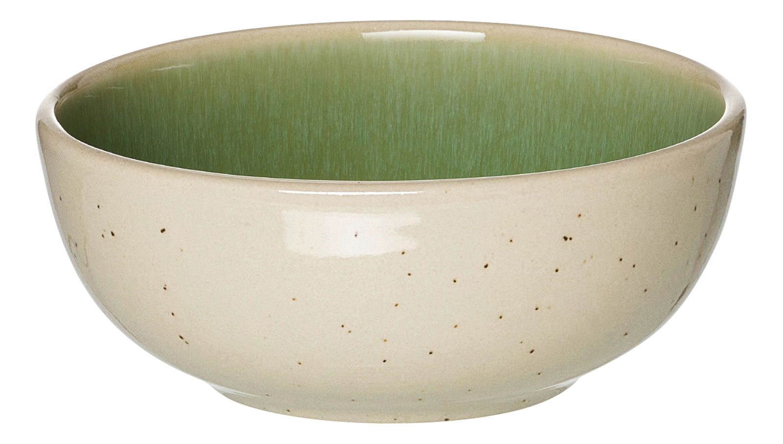 Keramik-Dipschale mit grünem Innenbereich und gesprenkeltem cremefarbenem Äußeren, seitliche Perspektive