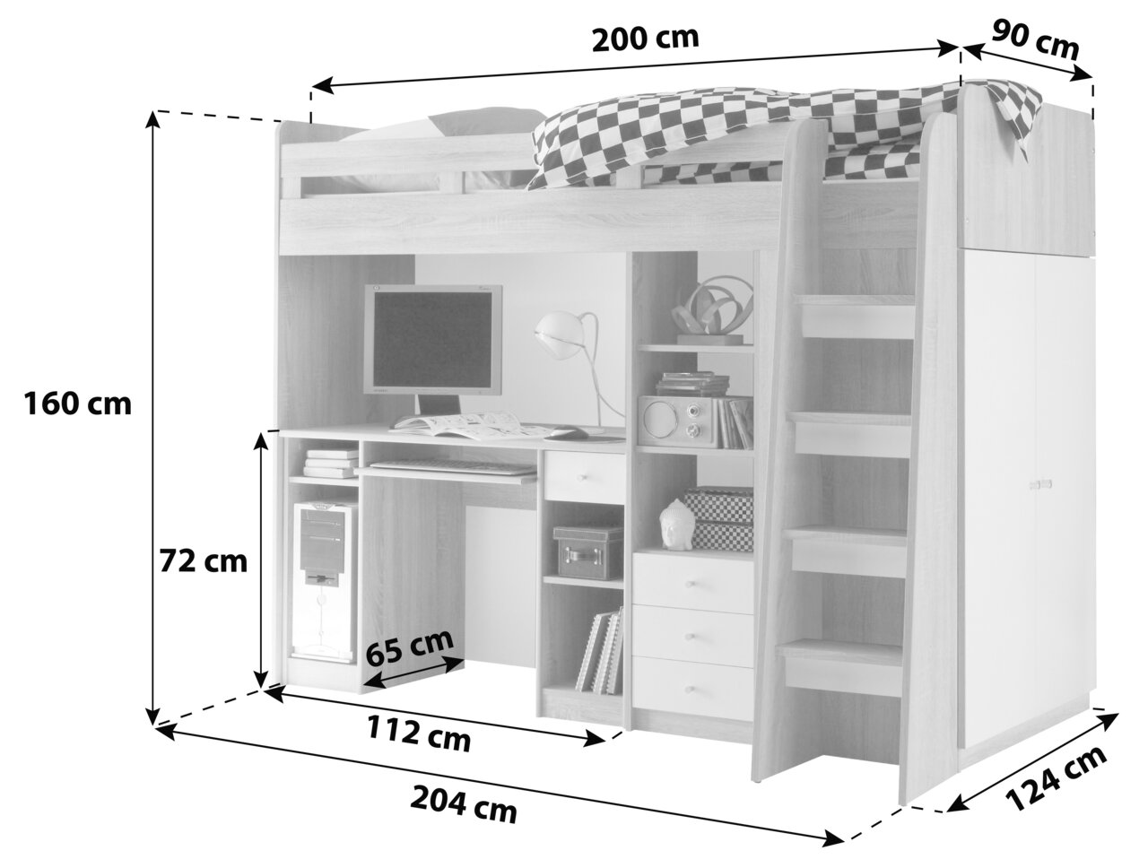 Hochbett mit integriertem Schreibtisch, Regalen und Leiter, seitliche Perspektive