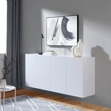 Modernes weißes Hängesideboard in einem stilvoll eingerichteten Raum, seitliche Perspektive