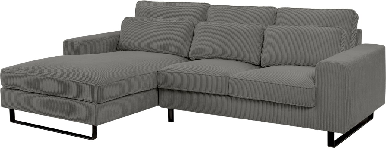 Graues Sofa in L-Form mit linker Ausrichtung, aus geripptem Stoff, mit Metallfüßen, seitliche Perspektive