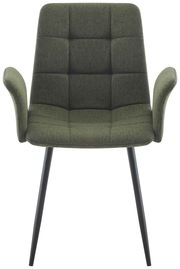 Grüner Armlehnstuhl mit gepolsterter Sitzfläche und Rückenlehne, schwarze Beine, Frontalansicht