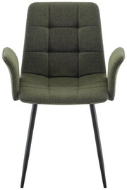 Grüner Armlehnstuhl mit gepolsterter Sitzfläche und Rückenlehne, schwarze Beine, Frontalansicht