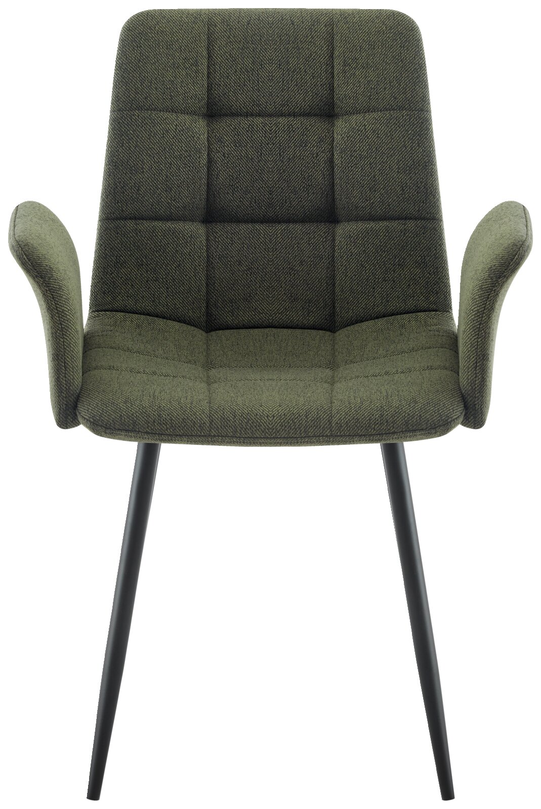 Grüner Armlehnstuhl mit gepolsterter Sitzfläche und Rückenlehne, schwarze Beine, Frontalansicht