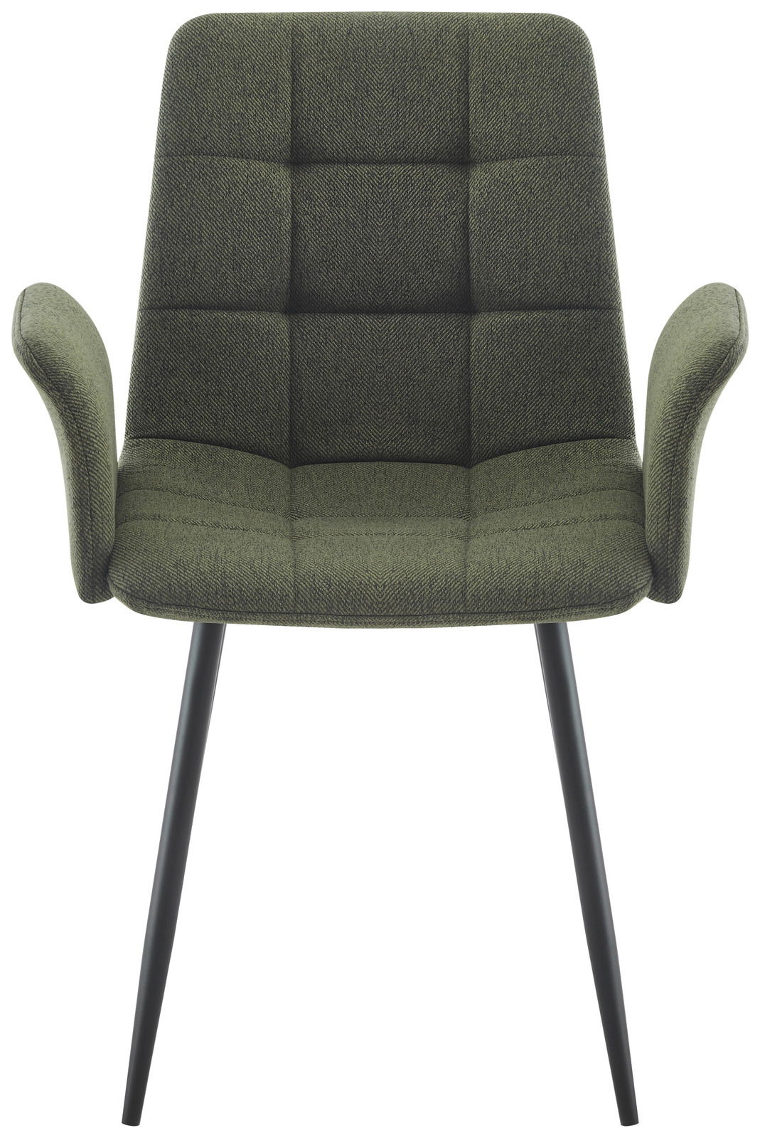 Grüner Armlehnstuhl mit gepolsterter Sitzfläche und Rückenlehne, schwarze Beine, Frontalansicht