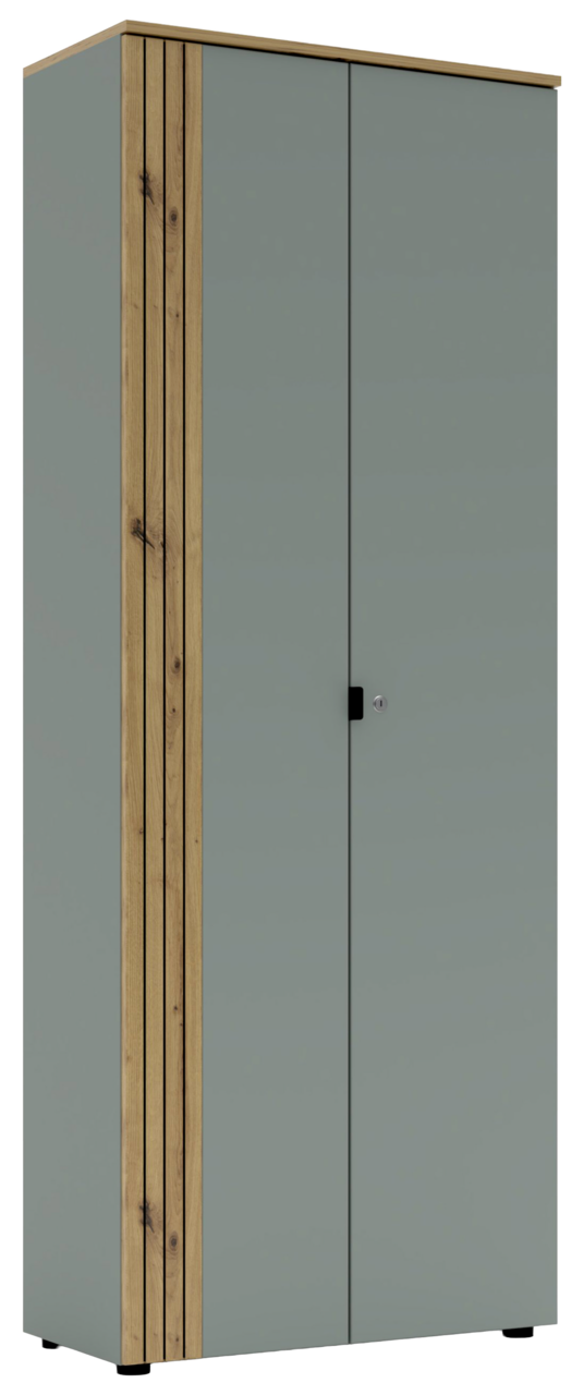 Moderner Büroschrank mit grauen Türen und Holzdetails, Frontalansicht