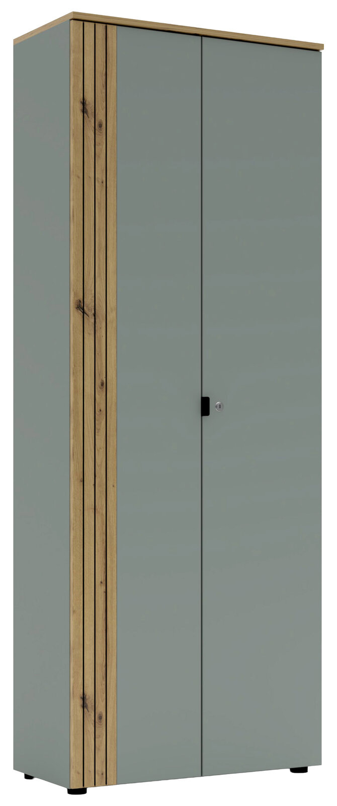 Moderner Büroschrank mit grauen Türen und Holzdetails, Frontalansicht