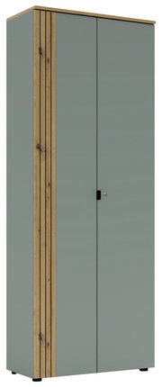Moderner Büroschrank mit grauen Türen und Holzdetails, Frontalansicht