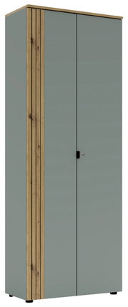 Moderner Büroschrank mit grauen Türen und Holzdetails, Frontalansicht