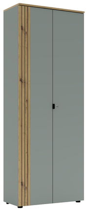 Moderner Büroschrank mit grauen Türen und Holzdetails, Frontalansicht