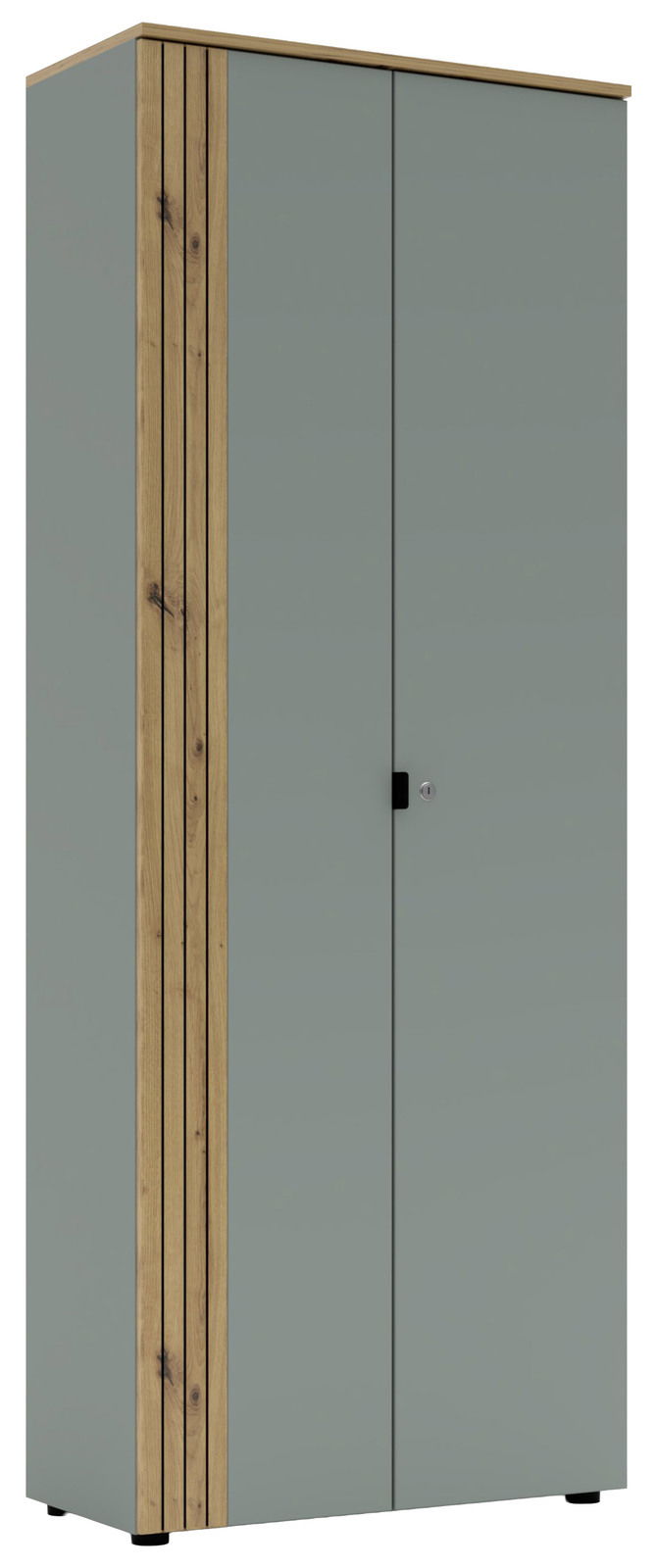 Moderner Büroschrank mit grauen Türen und Holzdetails, Frontalansicht