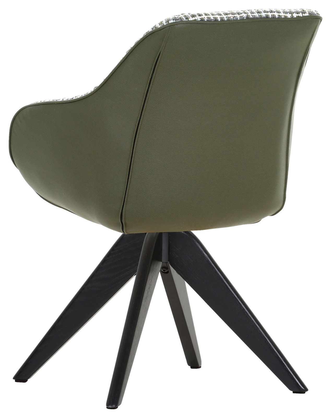 Rückansicht eines grünen Armlehnstuhls mit schwarzem Holzgestell