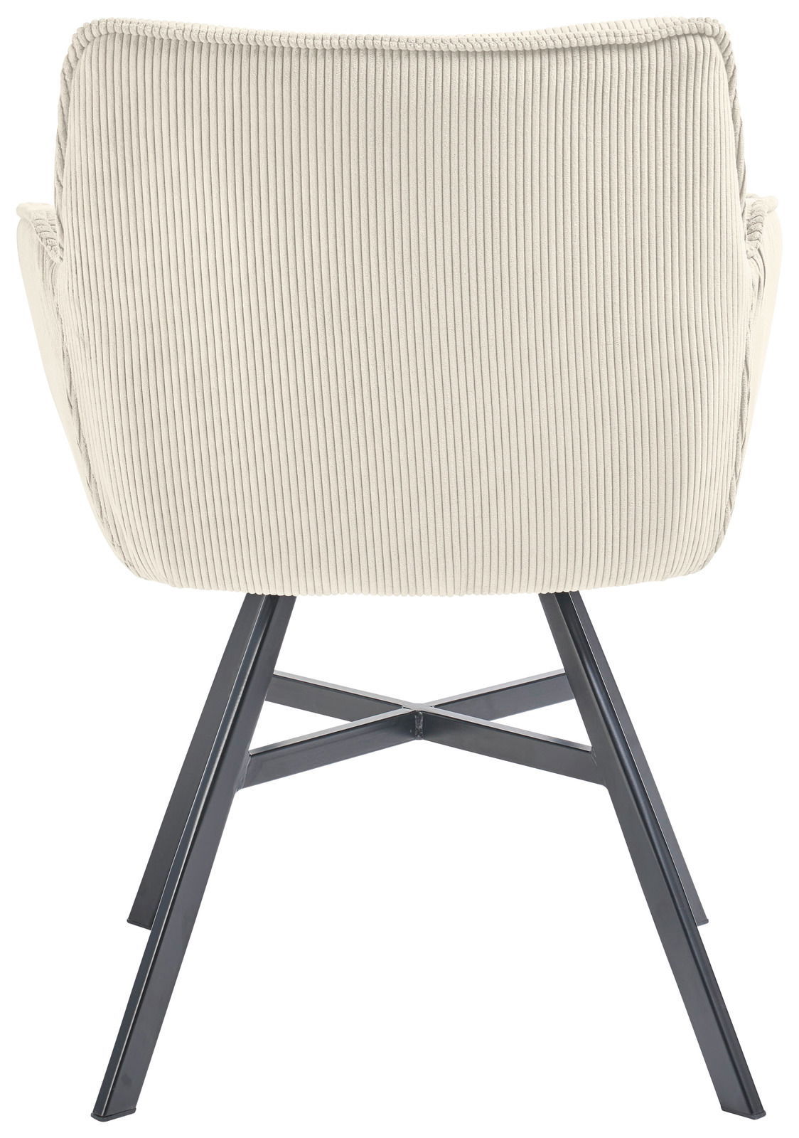 Rückansicht eines Armlehnstuhls mit cremefarbenem, geripptem Stoffbezug und schwarzen Metallbeinen.