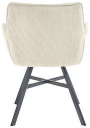 Rückansicht eines Armlehnstuhls mit cremefarbenem, geripptem Stoffbezug und schwarzen Metallbeinen.