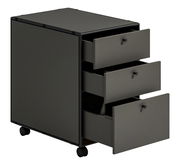 Rollcontainer mit drei geöffneten Schubladen, seitliche Perspektive