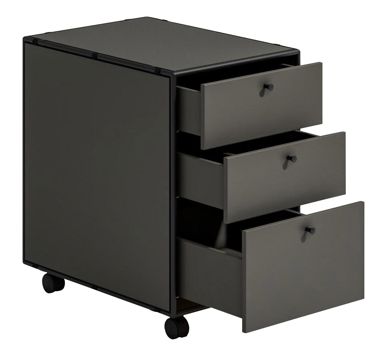 Rollcontainer mit drei geöffneten Schubladen, seitliche Perspektive