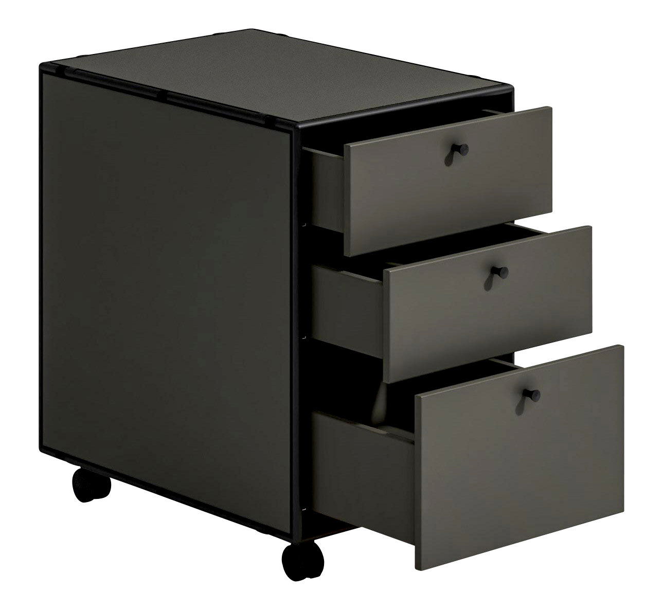 Rollcontainer mit drei geöffneten Schubladen, seitliche Perspektive