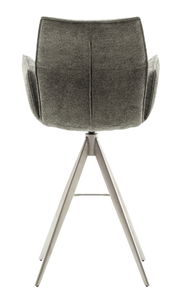 Rückansicht eines modernen Barstuhls mit grauem Stoffbezug und Metallbeinen.