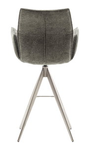 Rückansicht eines modernen Barstuhls mit grauem Stoffbezug und Metallbeinen.