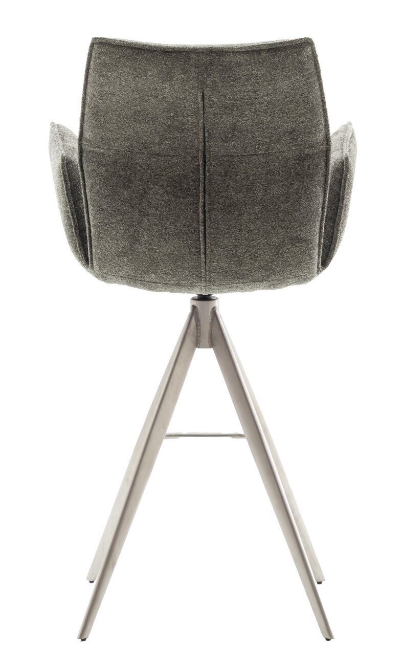 Rückansicht eines modernen Barstuhls mit grauem Stoffbezug und Metallbeinen.