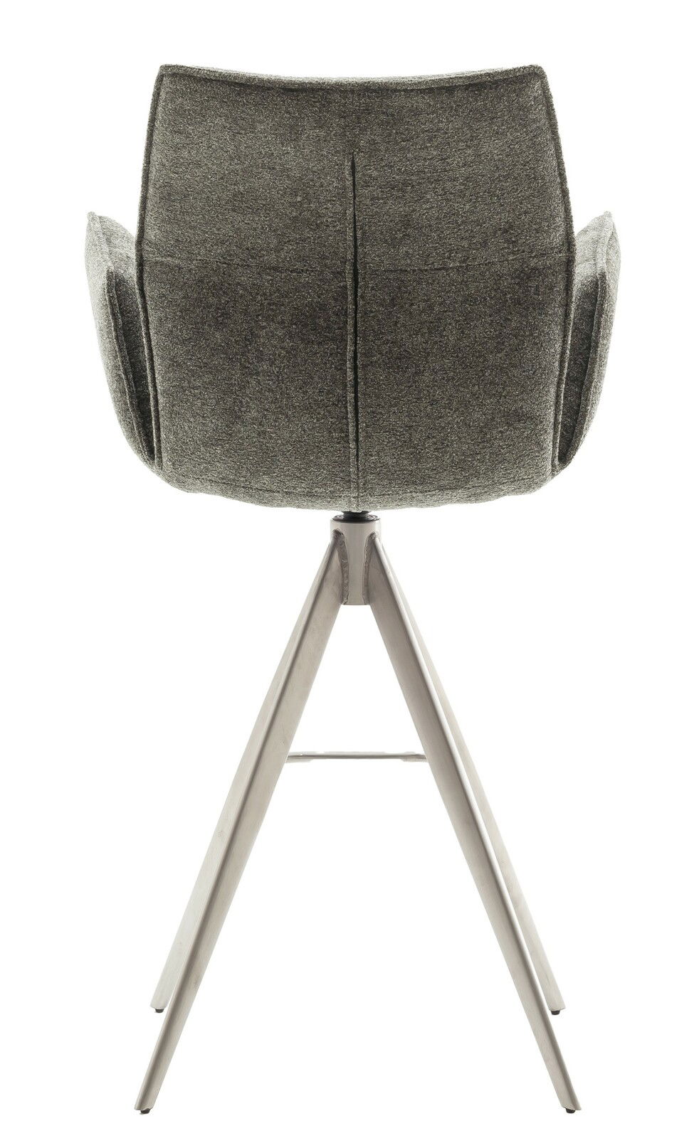 Rückansicht eines modernen Barstuhls mit grauem Stoffbezug und Metallbeinen.
