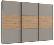 Schwebetürenschrank mit drei Türen in moderner Holz- und Graukombination, Frontalansicht