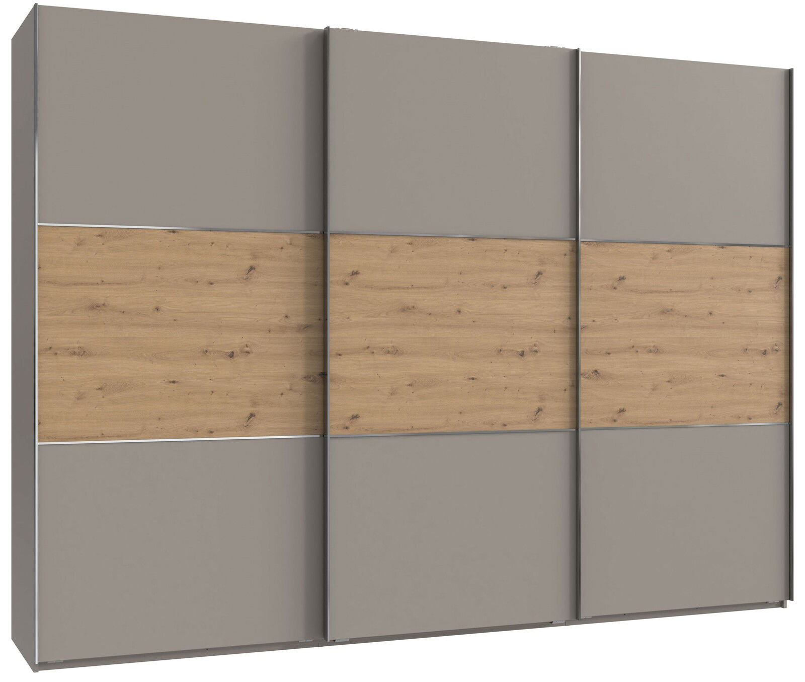 Schwebetürenschrank mit drei Türen in moderner Holz- und Graukombination, Frontalansicht