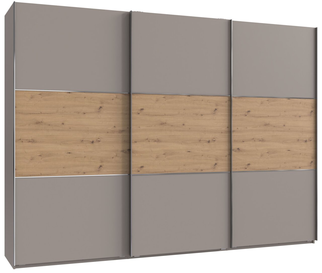 Schwebetürenschrank mit drei Türen in moderner Holz- und Graukombination, Frontalansicht