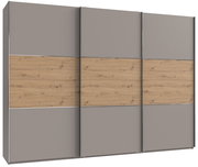 Schwebetürenschrank mit drei Türen in moderner Holz- und Graukombination, Frontalansicht
