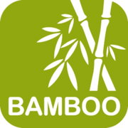 Grünes Logo mit weißen Bambuszweigen und dem Wort 'BAMBOO', Vorderansicht