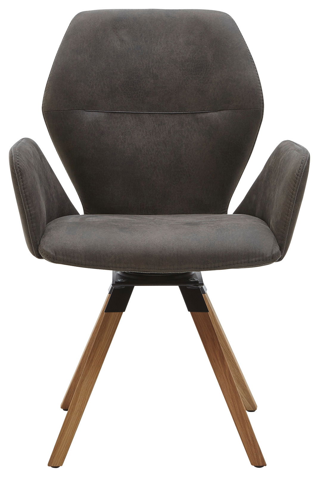 Valnatura Armlehnenstuhl PIANO Frontansicht eines modernen Armlehnenstuhls mit grauem Polster und Holzbeinen.