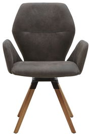 Frontansicht eines modernen Armlehnenstuhls mit grauem Polster und Holzbeinen.