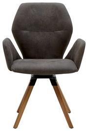 Frontansicht eines modernen Armlehnenstuhls mit grauem Polster und Holzbeinen.