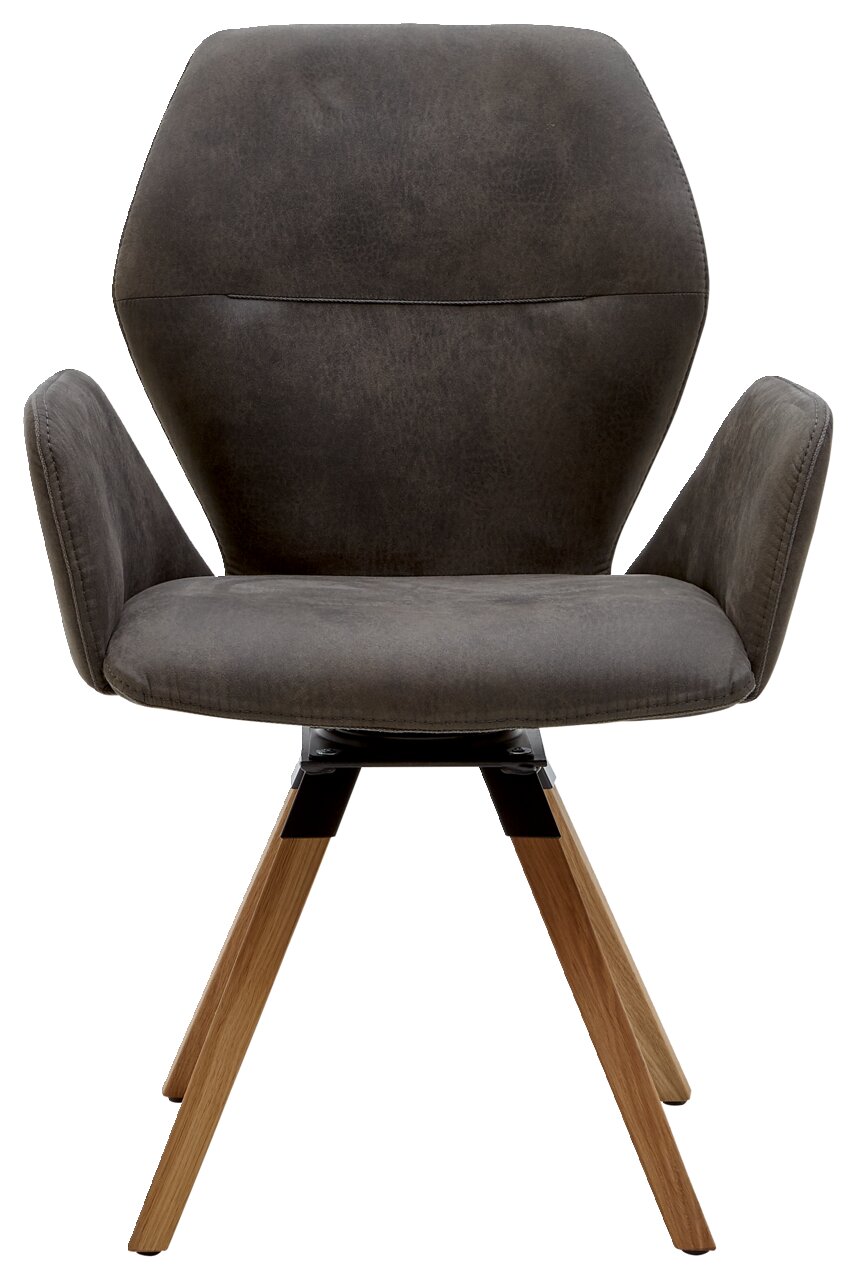 Valnatura Armlehnenstuhl PIANO Frontansicht eines modernen Armlehnenstuhls mit grauem Polster und Holzbeinen.