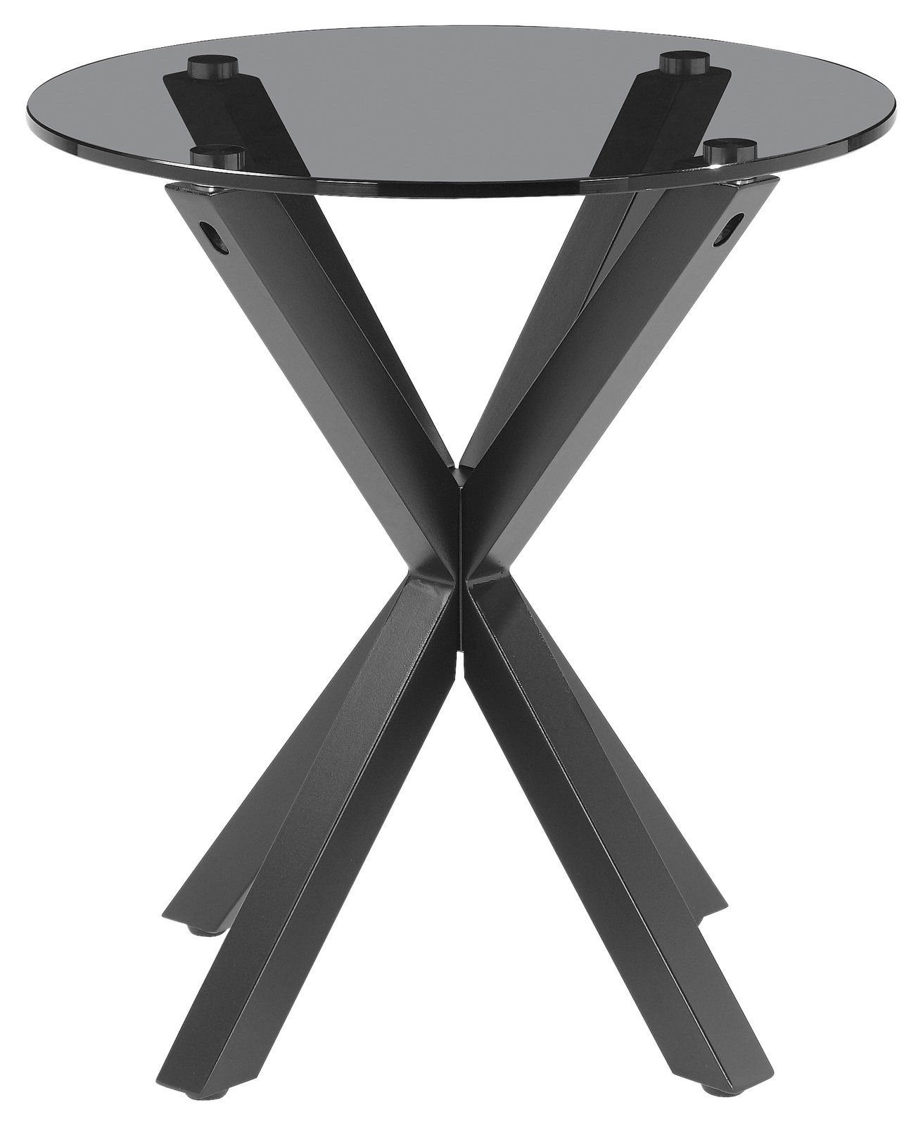 Moderner Beistelltisch mit rundem Glasplatte und schwarzem Metallgestell, Frontalansicht