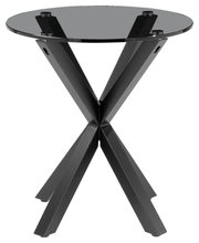 Moderne bijzettafel met rond glazen blad en zwart metalen onderstel, vooraanzicht