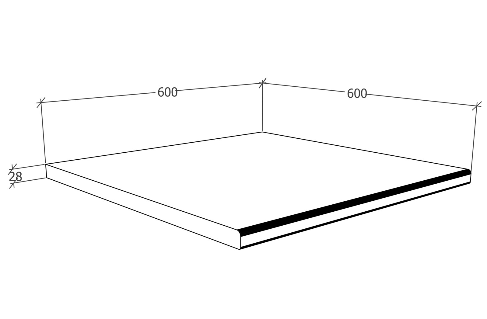 Technische 3D-Ansicht in schräger Perspektive von oben auf eine quadratische Platte/Regalboden mit Maßen 600 x 600 mm und 28 mm Stärke
