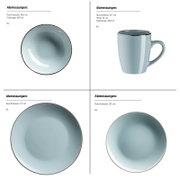 Vier Abbildungen eines hellblauen Keramikgeschirr-Sets mit dunklem Rand: Schüssel 18,6 cm (850 ml) in Draufsicht, Tasse 8,7 cm Durchmesser/10 cm Höhe (400 ml) in Seitenansicht, Teller 27 cm in Draufsicht und Teller 20 cm in Draufsicht; jeweils 6 Stück ang
