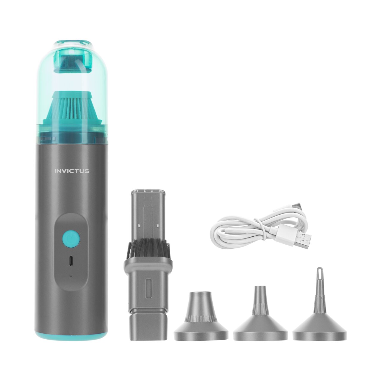 Genius Invictus One Home, Set 8-tlg. Invictus One Home Set 8-tlg. aus der Vorderansicht mit verschiedenen Aufsätzen und USB-Kabel.